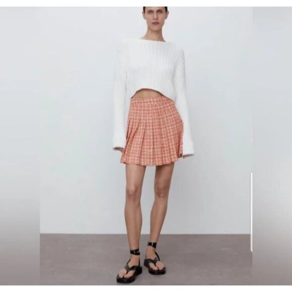 Zara Women's Orange Pleated Tweed Mini Skirt Blogger Fave Size Medium New - Picture 2 of 7